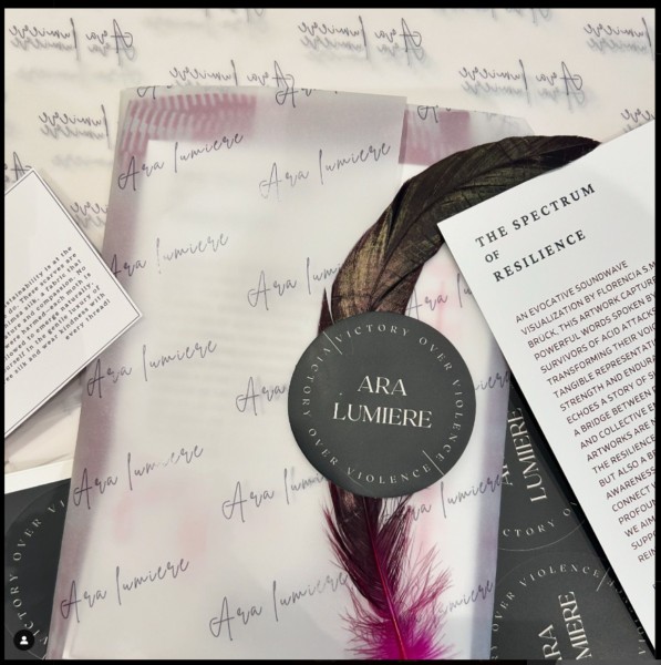 The Spectrum of Resilience: scarves in a box with the card, Ara Lumiere