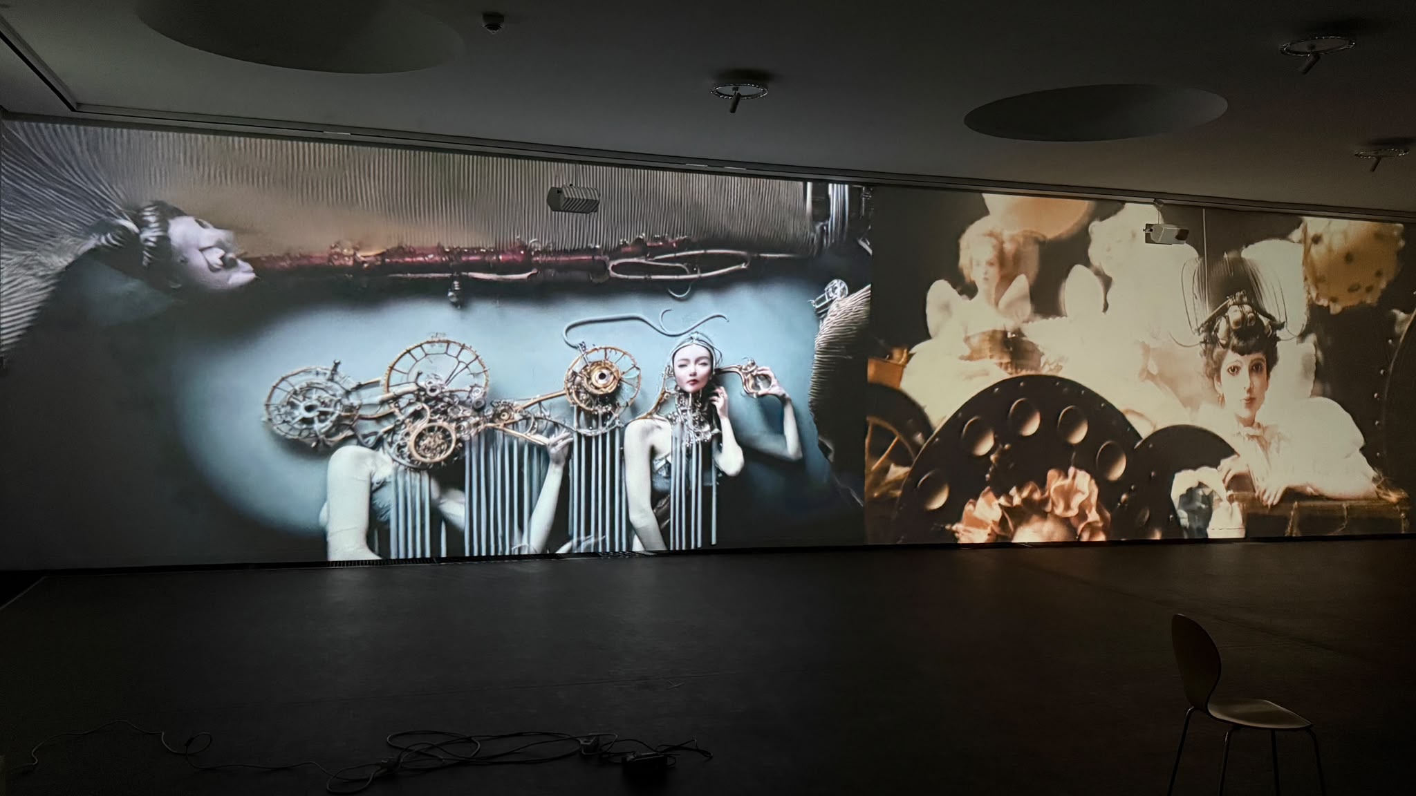 Installation view of ALL NATURAL at the Städtische Galerie KUBUS, Hannover: two video works projected on the wall of a darkened gallery